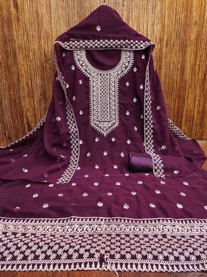 purple georgette embroidered unstitched dressmaterials 3 pair top bottom dupptaa 2