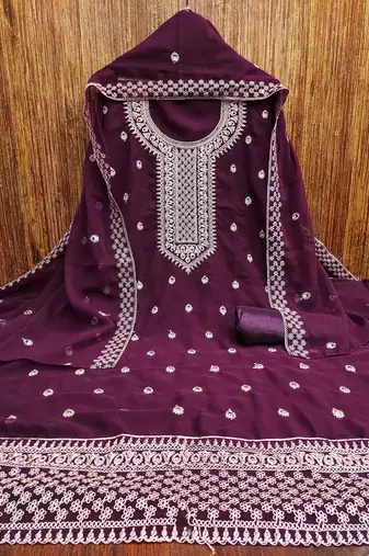 purple georgette embroidered unstitched dressmaterials 3 pair top bottom dupptaa