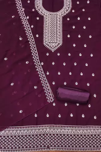 purple georgette embroidered unstitched dressmaterials 3 pair top bottom dupptaa