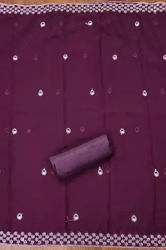 purple georgette embroidered unstitched dressmaterials 3 pair top bottom dupptaa