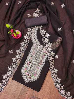 brown georgette embroidered unstitched dressmaterials 3 pair top bottom dupptaa 1