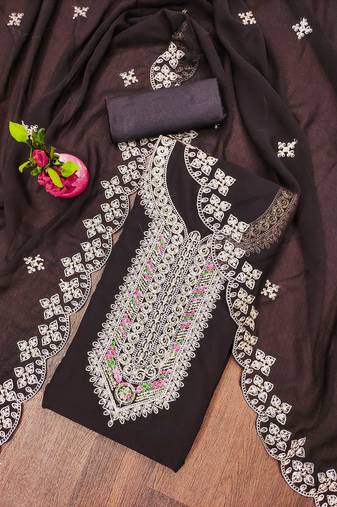 brown georgette embroidered unstitched dressmaterials 3 pair top bottom dupptaa