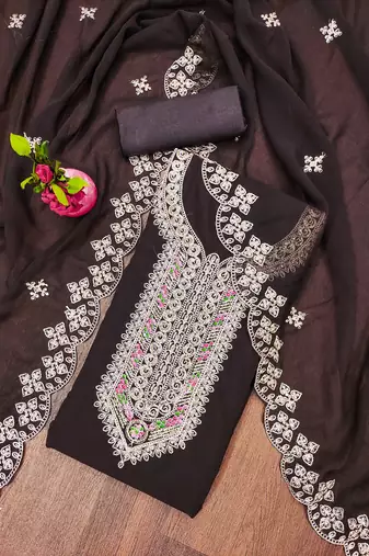 brown georgette embroidered unstitched dressmaterials 3 pair top bottom dupptaa