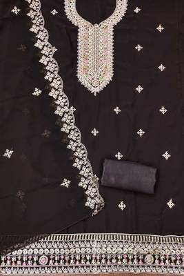 brown georgette embroidered unstitched dressmaterials 3 pair top bottom dupptaa 2