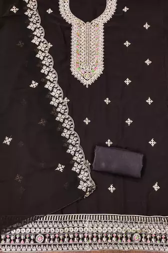 brown georgette embroidered unstitched dressmaterials 3 pair top bottom dupptaa