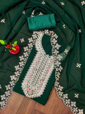 green georgette embroidered unstitched dressmaterials 3 pair top bottom dupptaa 1
