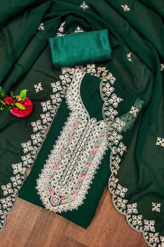 green georgette embroidered unstitched dressmaterials 3 pair top bottom dupptaa