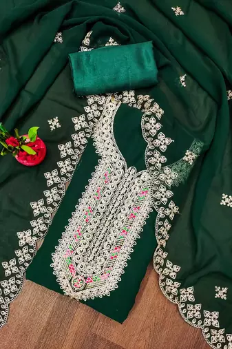 green georgette embroidered unstitched dressmaterials 3 pair top bottom dupptaa