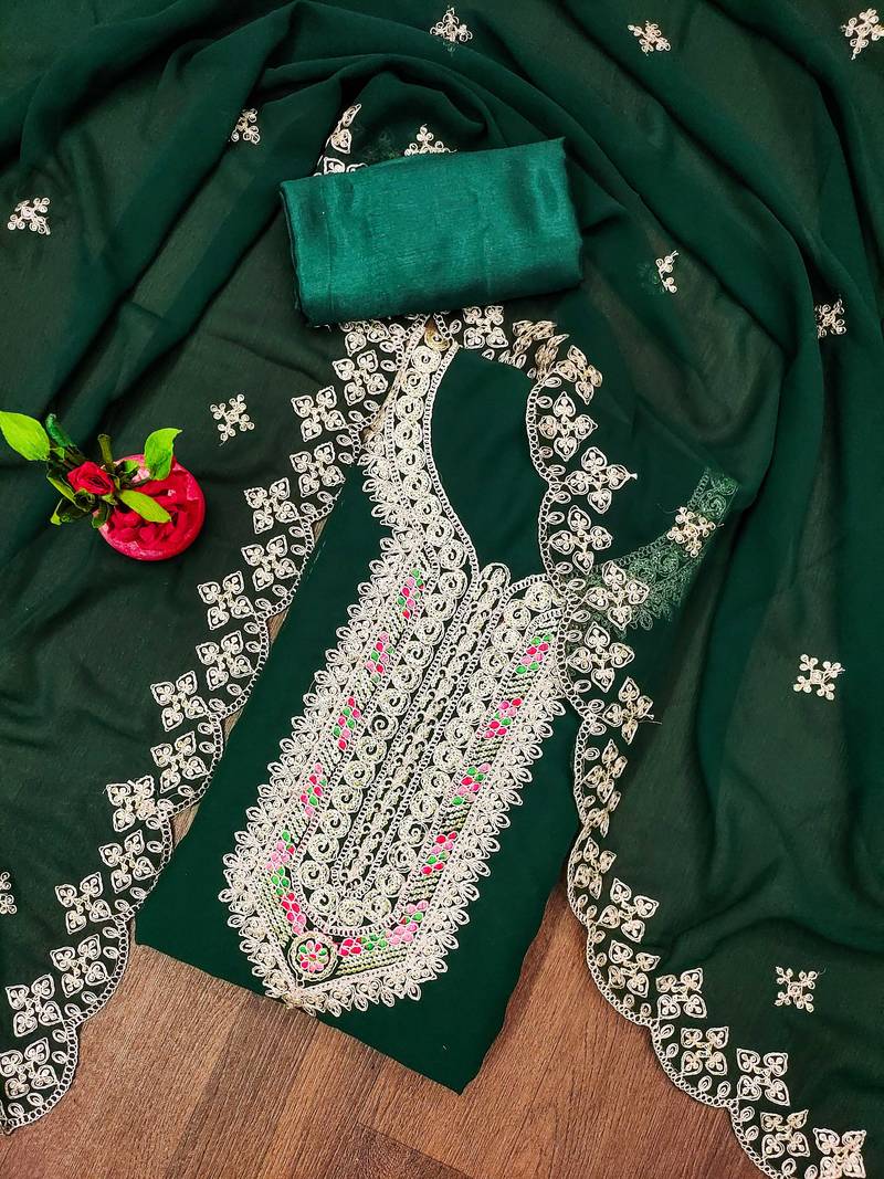 green georgette embroidered unstitched dressmaterials 3 pair top bottom dupptaa