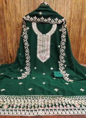 green georgette embroidered unstitched dressmaterials 3 pair top bottom dupptaa 2