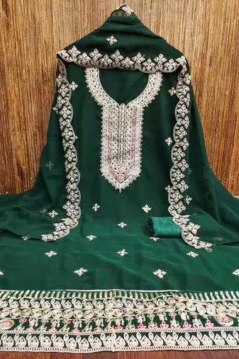 green georgette embroidered unstitched dressmaterials 3 pair top bottom dupptaa