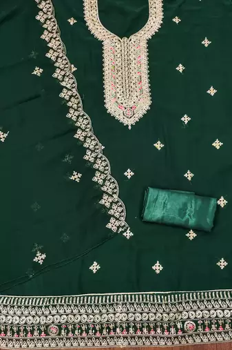 green georgette embroidered unstitched dressmaterials 3 pair top bottom dupptaa