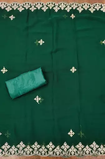 green georgette embroidered unstitched dressmaterials 3 pair top bottom dupptaa