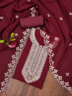maroon georgette embroidered unstitched dressmaterials 3 pair top bottom dupptaa 1