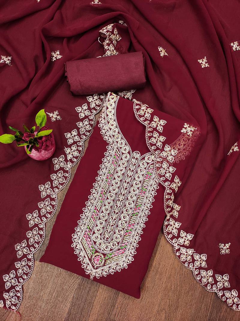 maroon georgette embroidered unstitched dressmaterials 3 pair top bottom dupptaa