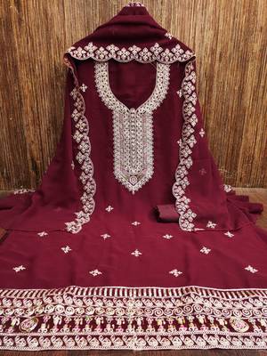 maroon georgette embroidered unstitched dressmaterials 3 pair top bottom dupptaa 2