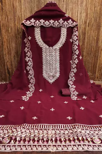 maroon georgette embroidered unstitched dressmaterials 3 pair top bottom dupptaa