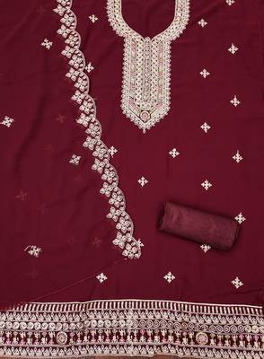 maroon georgette embroidered unstitched dressmaterials 3 pair top bottom dupptaa 3