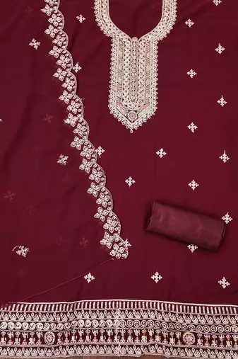 maroon georgette embroidered unstitched dressmaterials 3 pair top bottom dupptaa