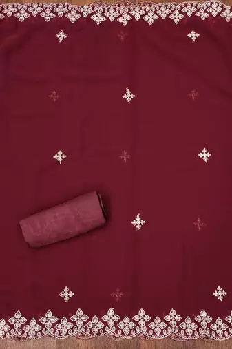 maroon georgette embroidered unstitched dressmaterials 3 pair top bottom dupptaa