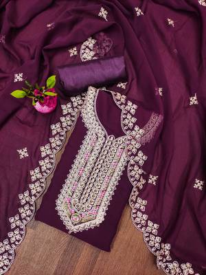 purple georgette embroidered unstitched dressmaterials 3 pair top bottom dupptaa 1