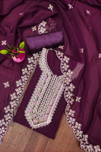 purple georgette embroidered unstitched dressmaterials 3 pair top bottom dupptaa