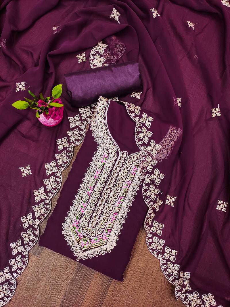 purple georgette embroidered unstitched dressmaterials 3 pair top bottom dupptaa