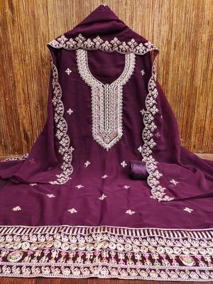purple georgette embroidered unstitched dressmaterials 3 pair top bottom dupptaa 2