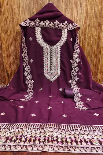 purple georgette embroidered unstitched dressmaterials 3 pair top bottom dupptaa