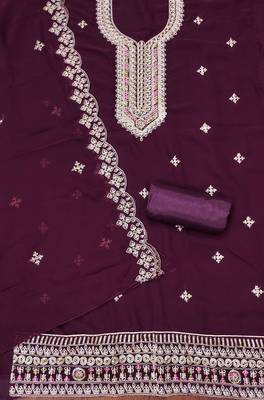 purple georgette embroidered unstitched dressmaterials 3 pair top bottom dupptaa 3