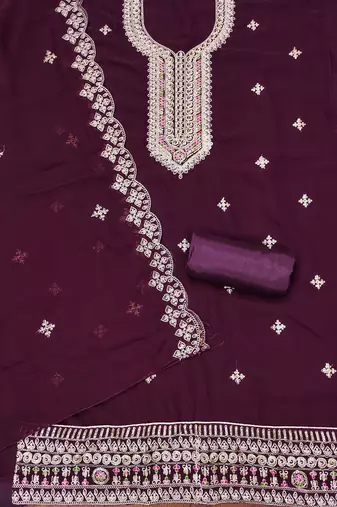 purple georgette embroidered unstitched dressmaterials 3 pair top bottom dupptaa