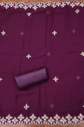 purple georgette embroidered unstitched dressmaterials 3 pair top bottom dupptaa