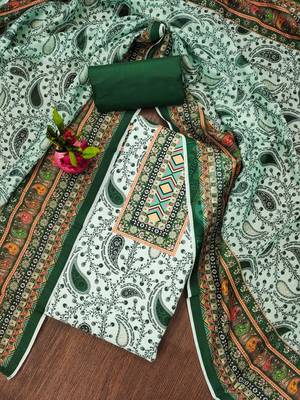 green cotton blend embroidered unstitched dressmaterials 3 pair top bottom dupptaa 1