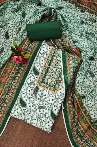 green cotton blend embroidered unstitched dressmaterials 3 pair top bottom dupptaa