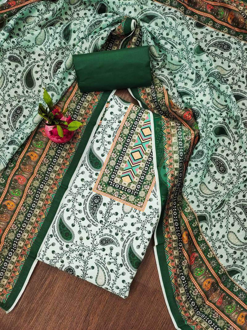 green cotton blend embroidered unstitched dressmaterials 3 pair top bottom dupptaa
