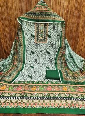 green cotton blend embroidered unstitched dressmaterials 3 pair top bottom dupptaa 3