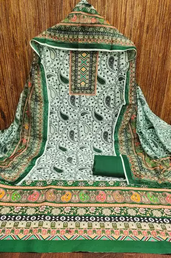 green cotton blend embroidered unstitched dressmaterials 3 pair top bottom dupptaa