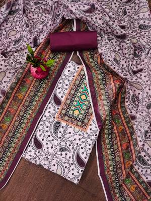purple cotton blend embroidered unstitched dressmaterials 3 pair top bottom dupptaa 1