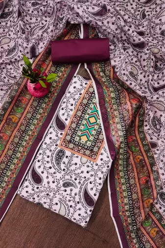 purple cotton blend embroidered unstitched dressmaterials 3 pair top bottom dupptaa