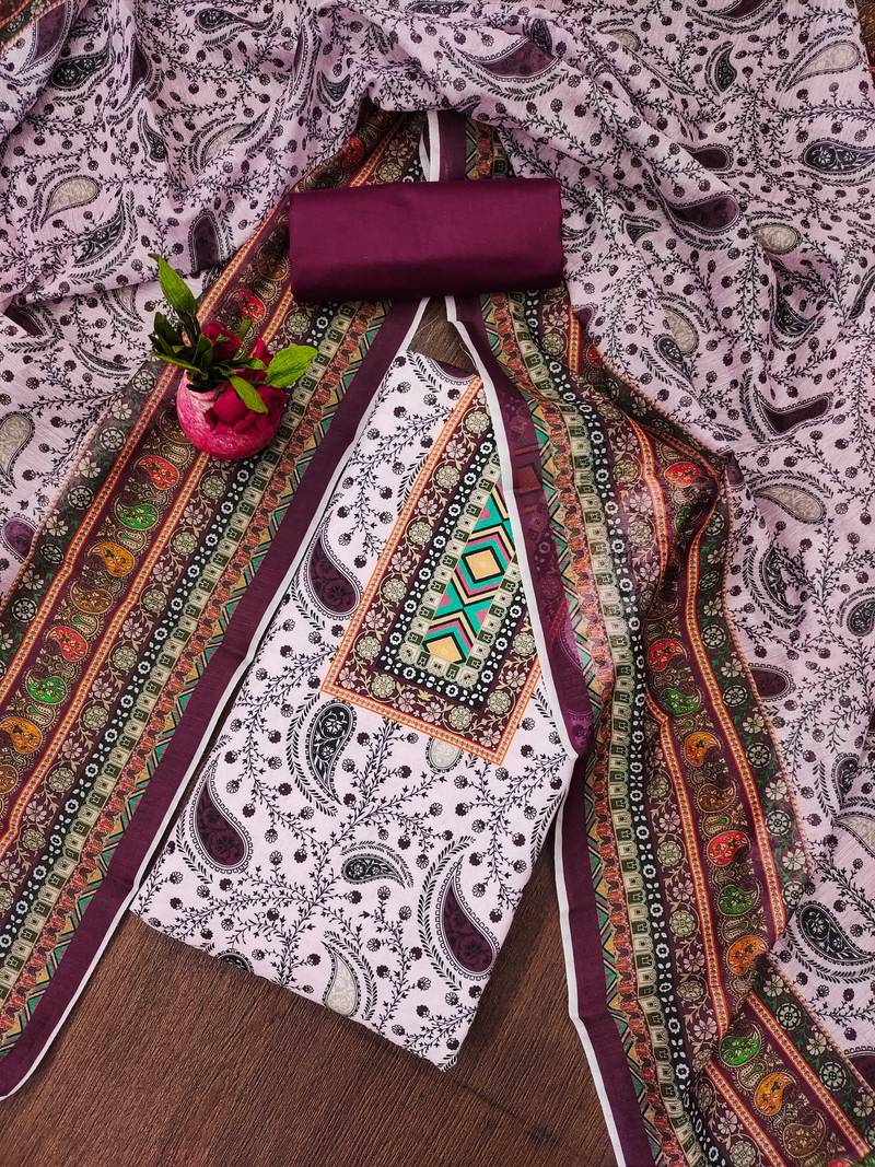 purple cotton blend embroidered unstitched dressmaterials 3 pair top bottom dupptaa
