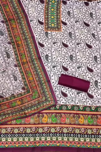 purple cotton blend embroidered unstitched dressmaterials 3 pair top bottom dupptaa
