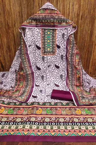 purple cotton blend embroidered unstitched dressmaterials 3 pair top bottom dupptaa