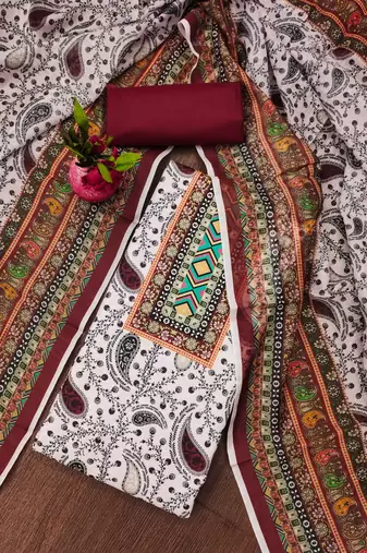red cotton blend embroidered unstitched dressmaterials 3 pair top bottom dupptaa