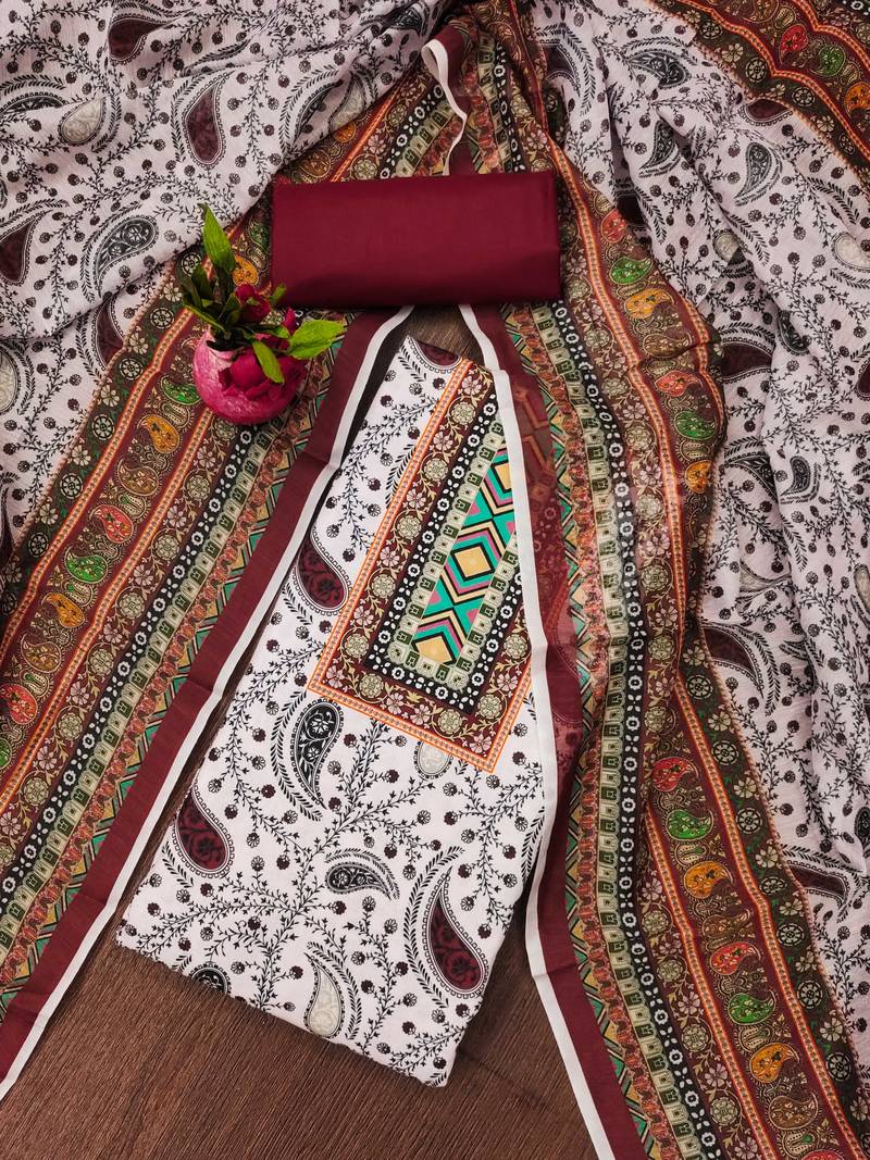 red cotton blend embroidered unstitched dressmaterials 3 pair top bottom dupptaa