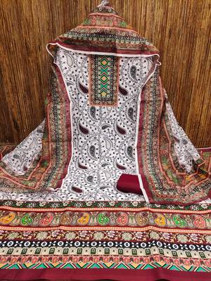 red cotton blend embroidered unstitched dressmaterials 3 pair top bottom dupptaa 3