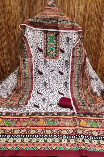 red cotton blend embroidered unstitched dressmaterials 3 pair top bottom dupptaa