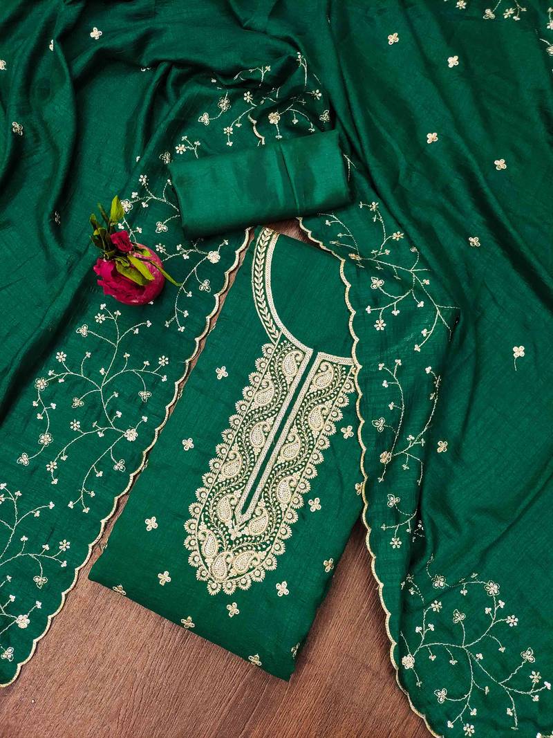green cotton blend embroidered unstitched dressmaterials 3 pair top bottom dupptaa
