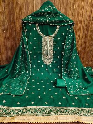 green cotton blend embroidered unstitched dressmaterials 3 pair top bottom dupptaa 3