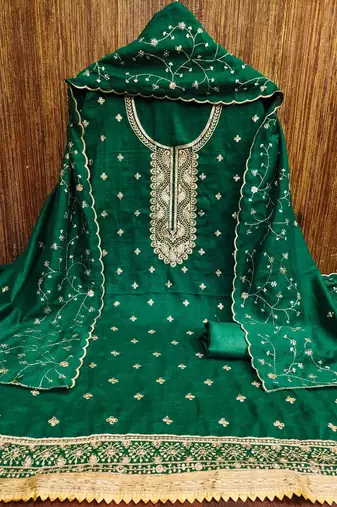 green cotton blend embroidered unstitched dressmaterials 3 pair top bottom dupptaa