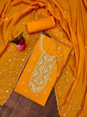 musturd cotton blend embroidered unstitched dressmaterials 3 pair top bottom dupptaa 1